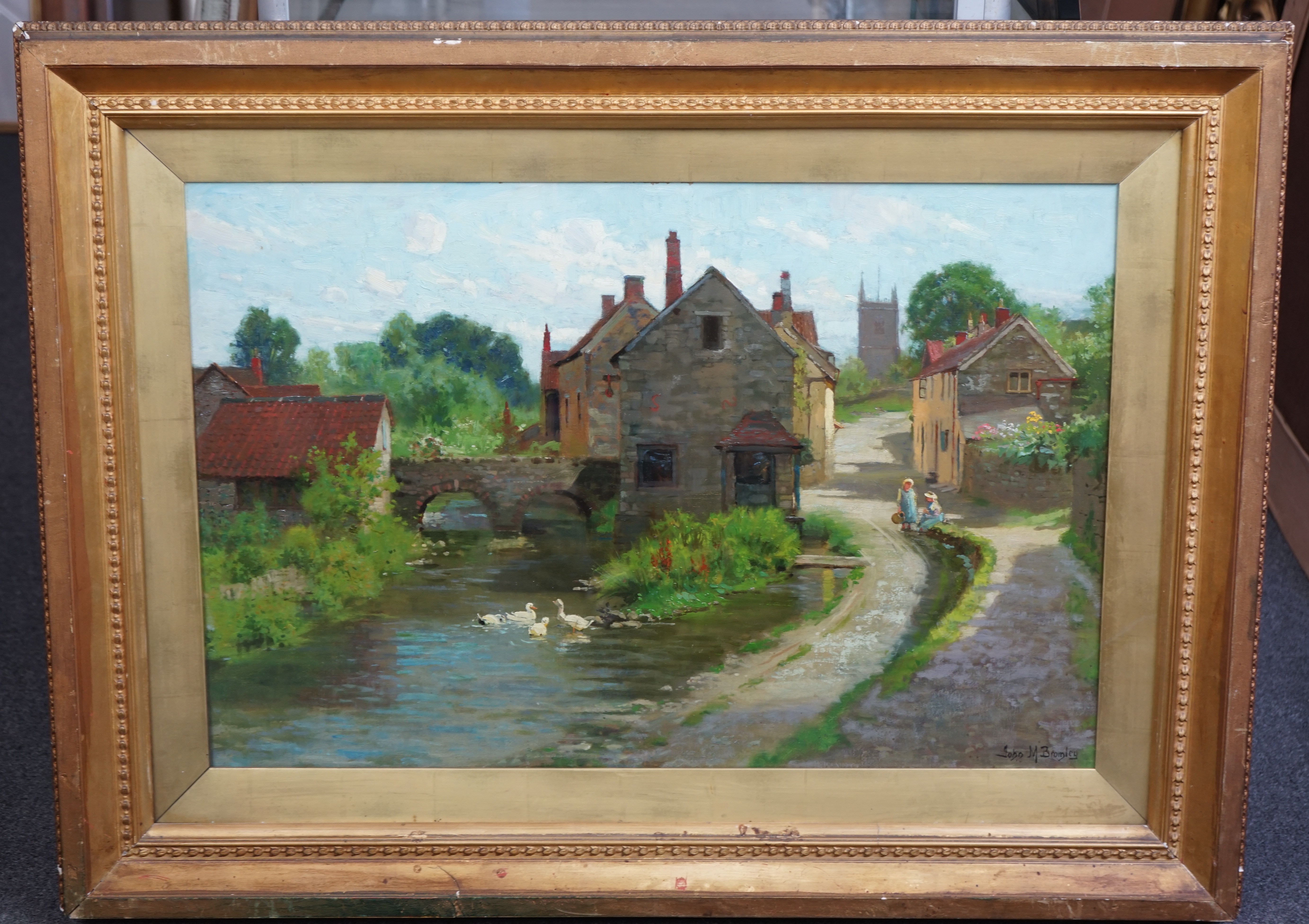 John Mallord Bromley (English, 1858-1939), Village scene with ducks on a stream, oil on canvas, 49 x 74cm